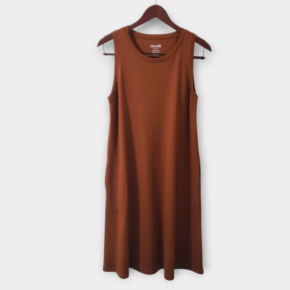 Wool& Sierra Tank Dress Rust Brown Merino Wool Blend M-Long Sleeveless Pockets